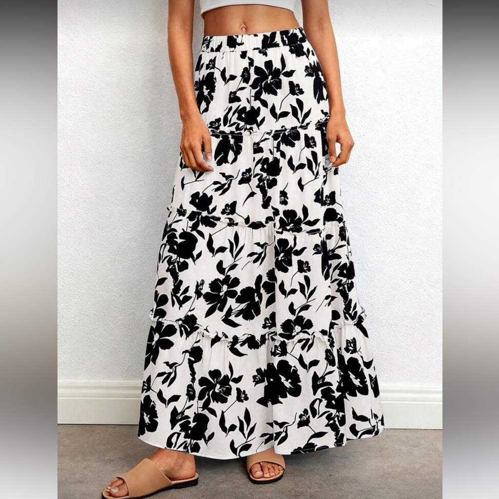 Floral Black and White  Maxi Skirt